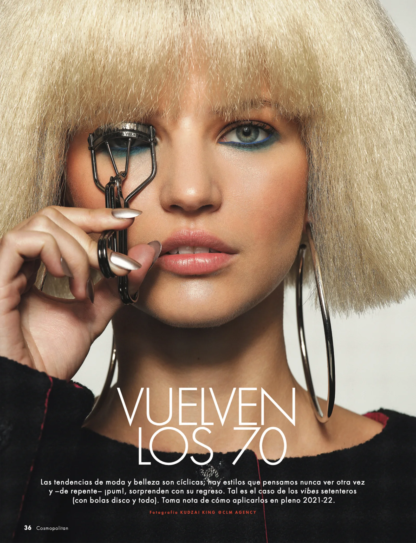 Cosmopolitan Mexico beauty page Vuelven los 70, with a blonde bob and eyelash curler.
